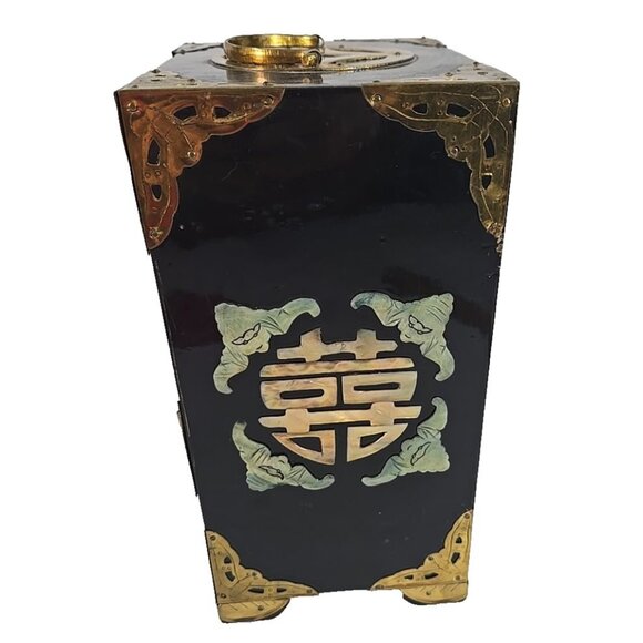 Vintage Asian Lacquer Jewelry Box Chest Brass Mother-of-Pearl Birds Flowers - Picture 4 of 15
